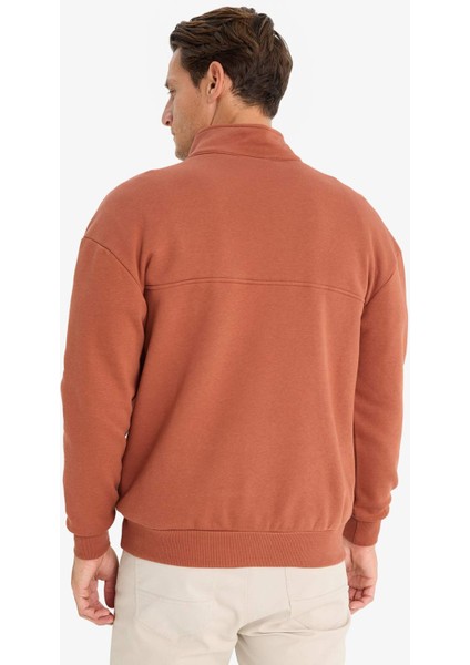 Relax Fit Dik Yaka Fermuarlı Basic Düz Kalın Sweatshirt E5334AX24WN