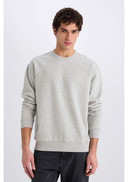 Oversize Geniş Kalıp Bisiklet Yaka Kalın Basic Düz Sweatshirt E5955AX24WN