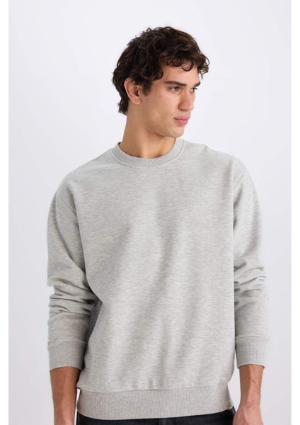 Oversize Geniş Kalıp Bisiklet Yaka Kalın Basic Düz Sweatshirt E5955AX24WN