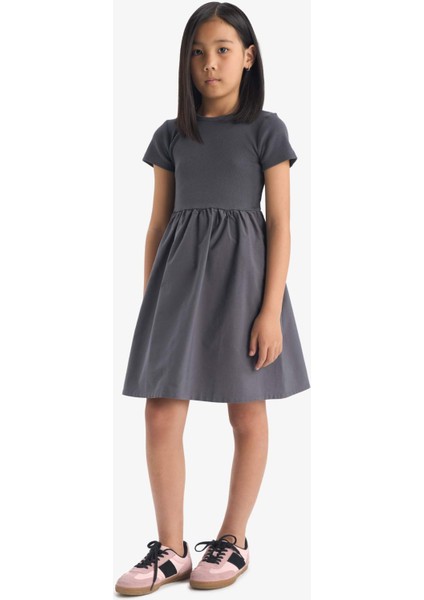 Kız Çocuk Bisiklet Yaka Fitilli Kaşkorse Kısa Kollu Yazlık Elbise E3839A825SM