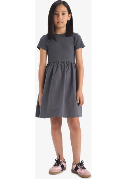 Kız Çocuk Bisiklet Yaka Fitilli Kaşkorse Kısa Kollu Yazlık Elbise E3839A825SM