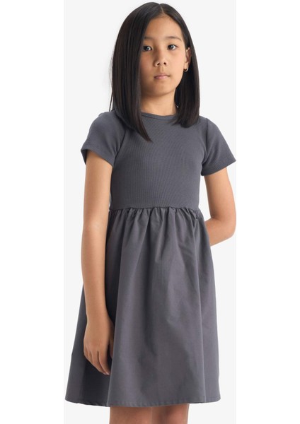 Kız Çocuk Bisiklet Yaka Fitilli Kaşkorse Kısa Kollu Yazlık Elbise E3839A825SM