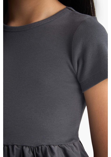 Kız Çocuk Bisiklet Yaka Fitilli Kaşkorse Kısa Kollu Yazlık Elbise E3839A825SM