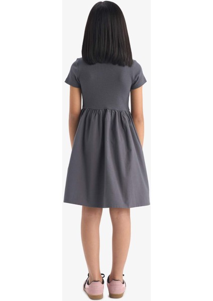 Kız Çocuk Bisiklet Yaka Fitilli Kaşkorse Kısa Kollu Yazlık Elbise E3839A825SM