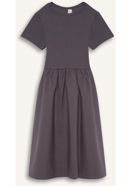 Kız Çocuk Bisiklet Yaka Fitilli Kaşkorse Kısa Kollu Yazlık Elbise E3839A825SM