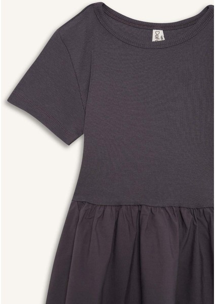 Kız Çocuk Bisiklet Yaka Fitilli Kaşkorse Kısa Kollu Yazlık Elbise E3839A825SM