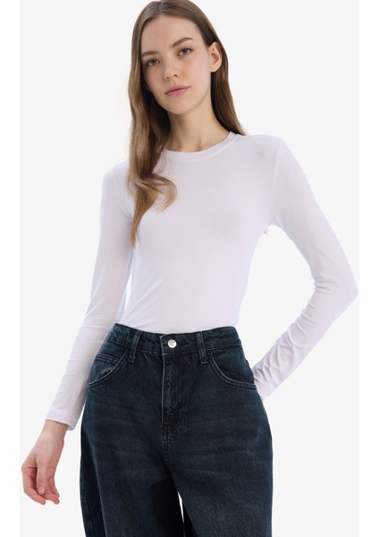 Fitted Bisiklet Yaka Basic Düz Uzun Kollu Tişört D0199AX25SP