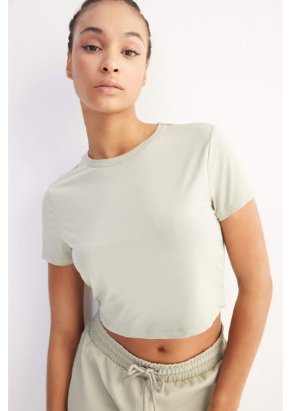 Fit Crop Bisiklet Yaka Basic Düz Sporcu Kısa Kollu Tişört D7295AX25SP