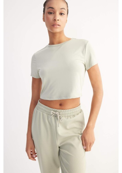 Fit Crop Bisiklet Yaka Basic Düz Sporcu Kısa Kollu Tişört D7295AX25SP