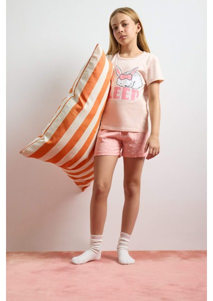 Kız Çocuk Pijama Takımı Baskılı Kısa Kollu Üst Beli Lastikli Şort E6227A825HS