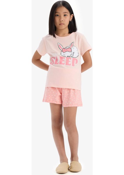 Kız Çocuk Pijama Takımı Baskılı Kısa Kollu Üst Beli Lastikli Şort E6227A825HS