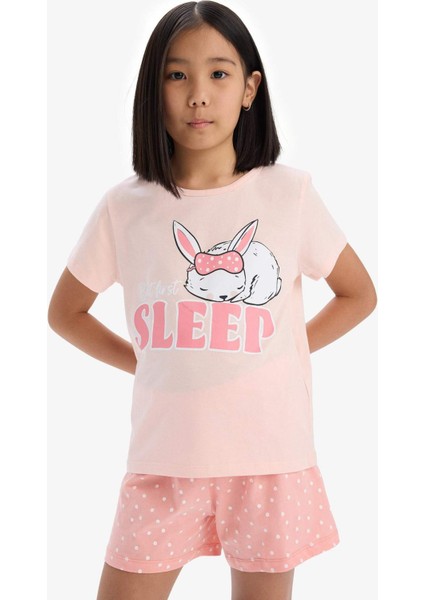 Kız Çocuk Pijama Takımı Baskılı Kısa Kollu Üst Beli Lastikli Şort E6227A825HS