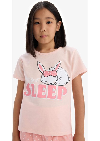 Kız Çocuk Pijama Takımı Baskılı Kısa Kollu Üst Beli Lastikli Şort E6227A825HS