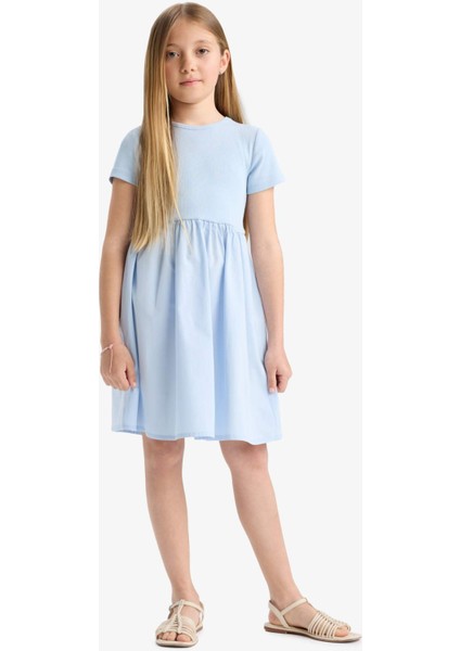 Kız Çocuk Bisiklet Yaka Fitilli Kaşkorse Kısa Kollu Yazlık Elbise E3839A825SM