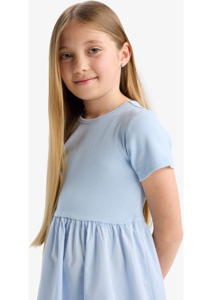 Kız Çocuk Bisiklet Yaka Fitilli Kaşkorse Kısa Kollu Yazlık Elbise E3839A825SM