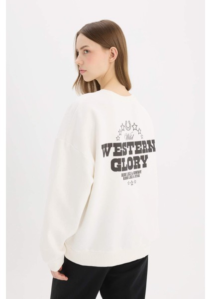 Oversize Geniş Kalıp Bisiklet Yaka Sırt Baskılı Kalın Sweatshirt E4934AX25SP