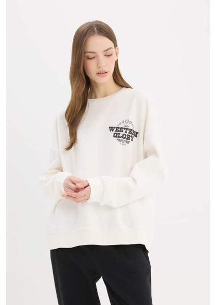 Oversize Geniş Kalıp Bisiklet Yaka Sırt Baskılı Kalın Sweatshirt E4934AX25SP