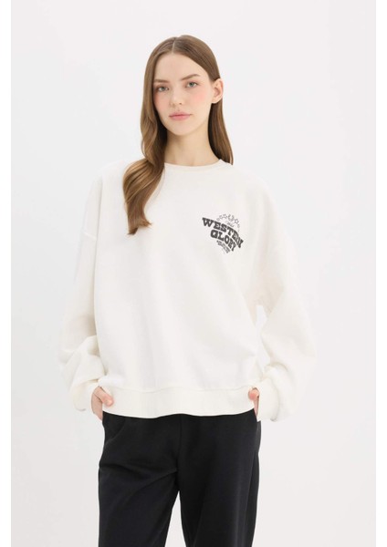 Oversize Geniş Kalıp Bisiklet Yaka Sırt Baskılı Kalın Sweatshirt E4934AX25SP