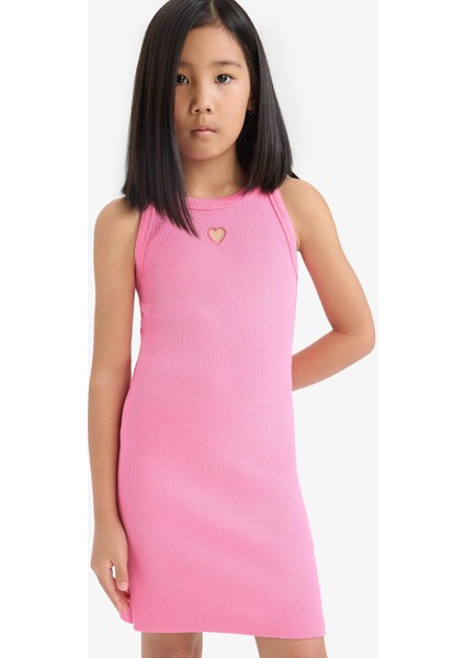 Kız Çocuk Fitted Bisiklet Yaka Fitilli Kaşkorse Kolsuz Yazlık Elbise E5806A825HS