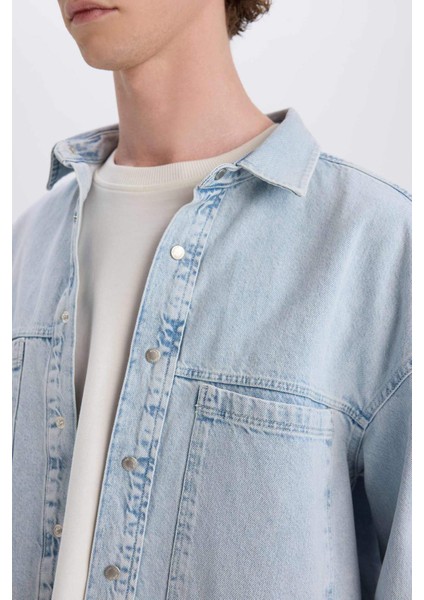 %100 Pamuk Oversize Geniş Kalıp Uzun Kollu Jean Gömlek D8333AX25SP