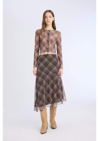 Asimetrik Kareli Normal Bel Tül Midi Etek E4811AX25SP