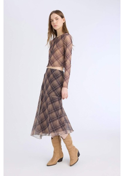 Asimetrik Kareli Normal Bel Tül Midi Etek E4811AX25SP