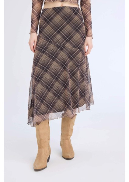 Asimetrik Kareli Normal Bel Tül Midi Etek E4811AX25SP