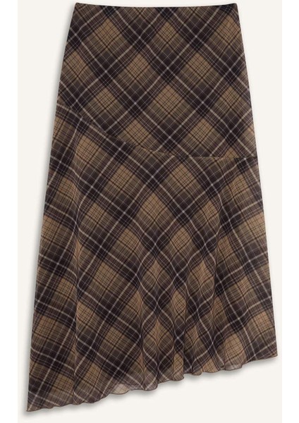 Asimetrik Kareli Normal Bel Tül Midi Etek E4811AX25SP