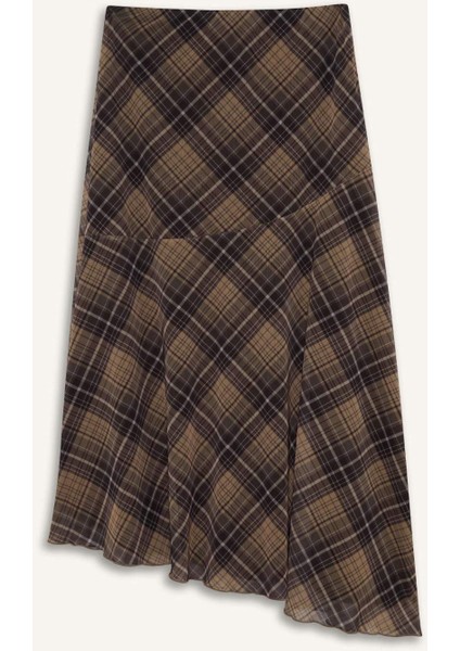 Asimetrik Kareli Normal Bel Tül Midi Etek E4811AX25SP