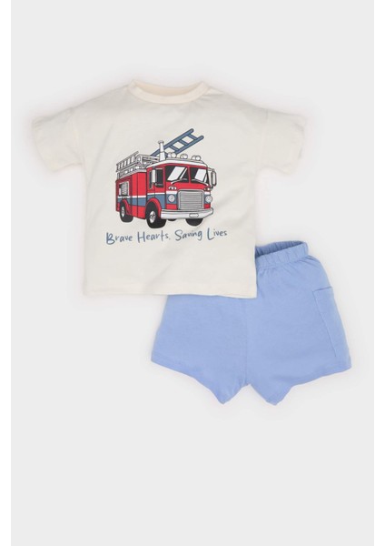 Erkek Bebek 2'li Takım Araç Baskılı Kısa Kollu Tişört Beli Lastikli Şort