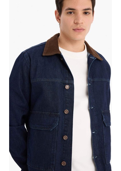 %100 Pamuk Slim Fit Dar Kesim Kontrast Yakalı Mevsimlik Baharlık Jean Ceket E5490AX25SP