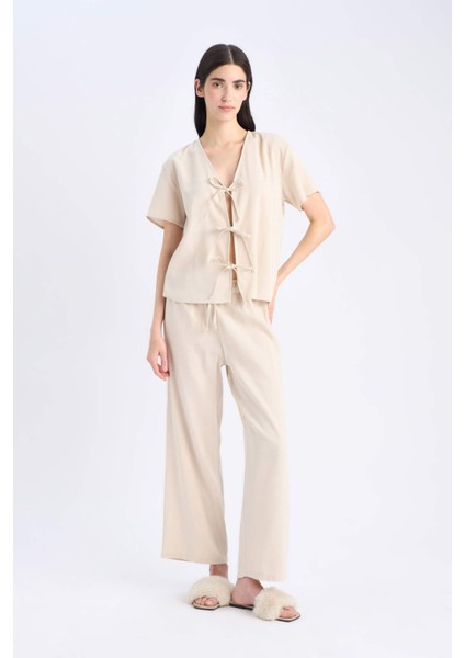 Pijama Takımı Keten Kısa Kollu Üst Beli Lastikli Alt-Fall in Love E3571AX25SP