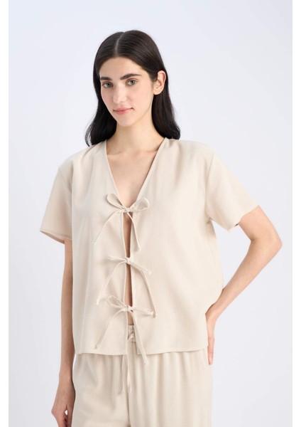 Pijama Takımı Keten Kısa Kollu Üst Beli Lastikli Alt-Fall in Love E3571AX25SP