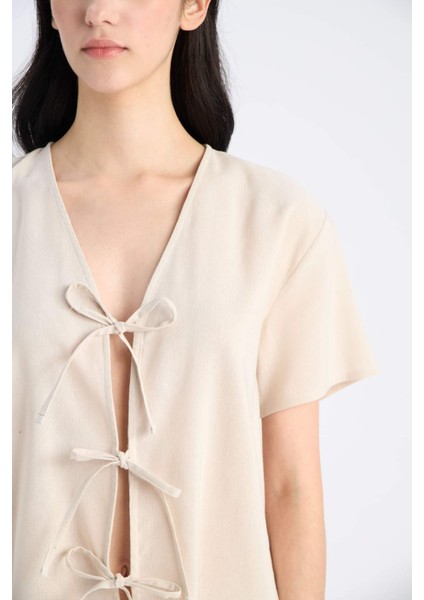 Pijama Takımı Keten Kısa Kollu Üst Beli Lastikli Alt-Fall in Love E3571AX25SP