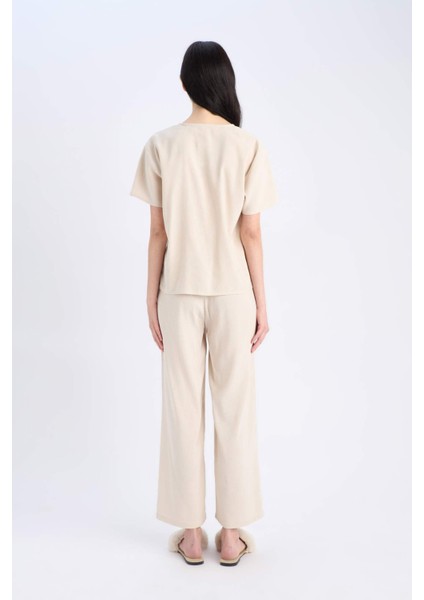 Pijama Takımı Keten Kısa Kollu Üst Beli Lastikli Alt-Fall in Love E3571AX25SP