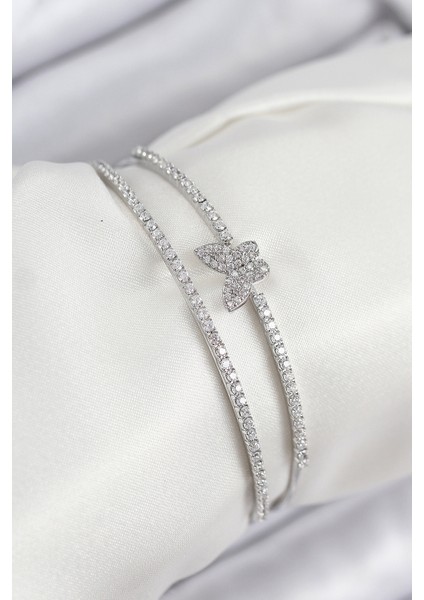 Pirinç Zirkon Taşlı Kelebek Model Gümüş Renk Kadın Bileklik - Lisinya