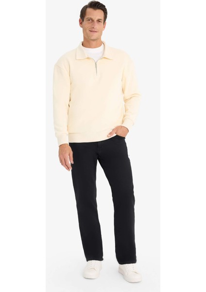 Relax Fit Polo Yaka Fermuarlı Basic Düz Kalın Sweatshirt E5333AX24WN