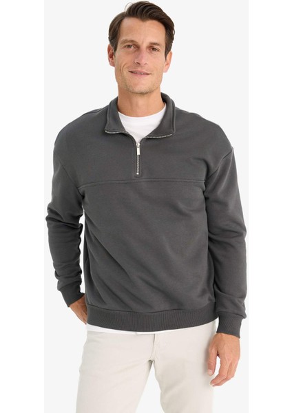 Relax Fit Dik Yaka Fermuarlı Basic Düz Kalın Sweatshirt E5334AX24WN