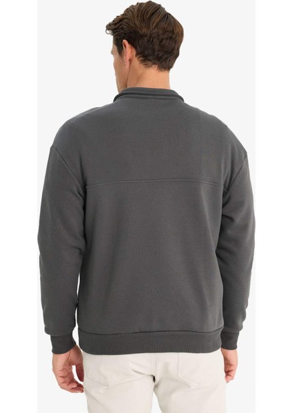 Relax Fit Dik Yaka Fermuarlı Basic Düz Kalın Sweatshirt E5334AX24WN