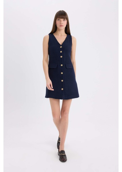 V Yaka Kolsuz Düğme Detaylı Midi Elbise C1792AX25SP