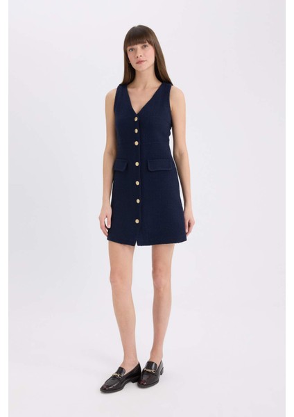 V Yaka Kolsuz Düğme Detaylı Midi Elbise C1792AX25SP