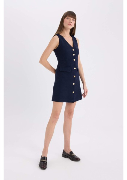 V Yaka Kolsuz Düğme Detaylı Midi Elbise C1792AX25SP