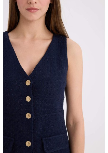 V Yaka Kolsuz Düğme Detaylı Midi Elbise C1792AX25SP