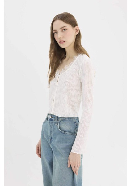 Fitted Dar Kesim U Yaka Dantel Hırka E4932AX25SP