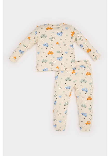 Erkek Bebek Pijama Takımı Araç Baskılı Fitilli Kaşkorse Uzun Kollu Üst Beli Lastikli Uzun Alt E6937A525SP