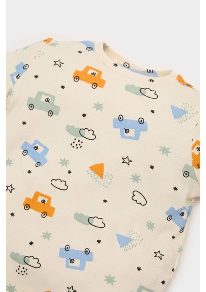 Erkek Bebek Pijama Takımı Araç Baskılı Fitilli Kaşkorse Uzun Kollu Üst Beli Lastikli Uzun Alt E6937A525SP