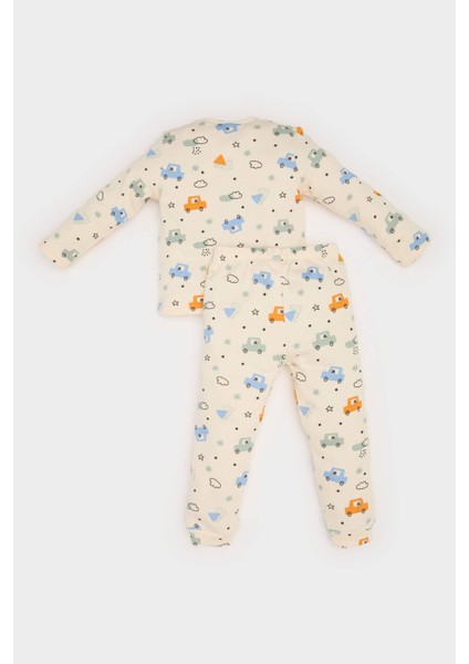 Erkek Bebek Pijama Takımı Araç Baskılı Fitilli Kaşkorse Uzun Kollu Üst Beli Lastikli Uzun Alt E6937A525SP