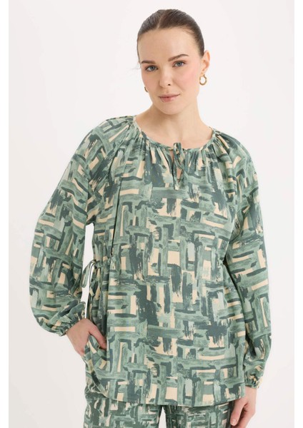 Regular Fit Büzgülü Yaka Desenli Uzun Kollu Bluz E6860AX25SP