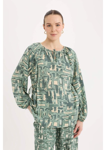 Regular Fit Büzgülü Yaka Desenli Uzun Kollu Bluz E6860AX25SP