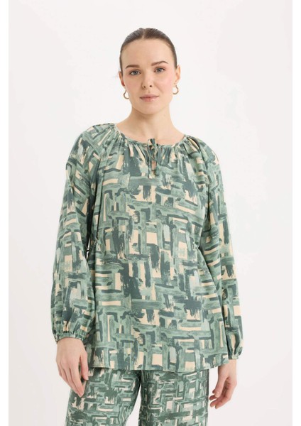 Regular Fit Büzgülü Yaka Desenli Uzun Kollu Bluz E6860AX25SP